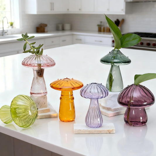 6 Pcs Colored Mushroom Glass Propagation Vases for Plants, Hydroponic Bud Vase Plant Propagation Stations Decor, Glass Terrariums for Indoor Plants, Cute Mushroom Vase Gifts for Women & Planter Lovers