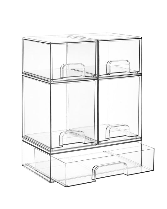 Vtopmart Stackable Storage Drawers Set of 5, Clear Plastic Organizer Bins for Baby Bottle, Beauty Supplies Storage, Ideal for Kichen Countertop, Vanity, Bathroom, Cabinet, Pantry Organization