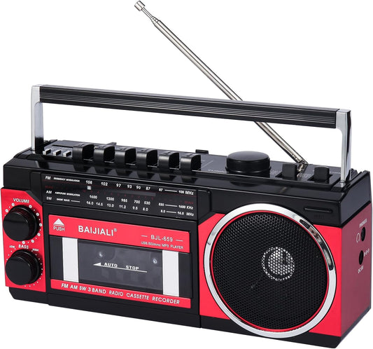 BAIJIALI Cassette Portable Player with AM/FM/SW Radio & BT, Boombox for Home and Travel, Record from Radio, Play via