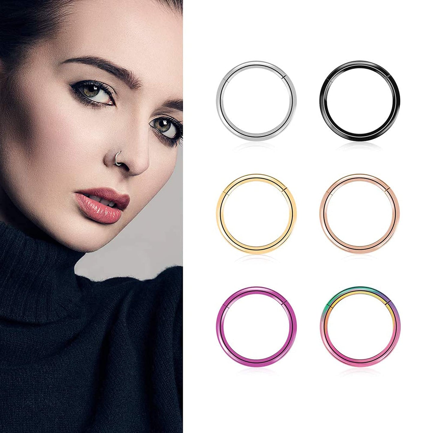 BOGKU 6pcs G23 Titanium Hinged Nose Rings Hoop 18 Gauge 9mm Nose Septum Clicker Segment Rings Cartilage Conch Tragus Helix Rook Hoop Earring Body Piercing Jewelry