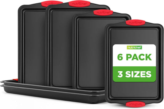 NutriChef Nonstick Baking Pans Set - Premium Carbon Steel Cookie Sheets with Red Silicone Handles | Oven Safe, Dishwasher Safe (6 Pack)