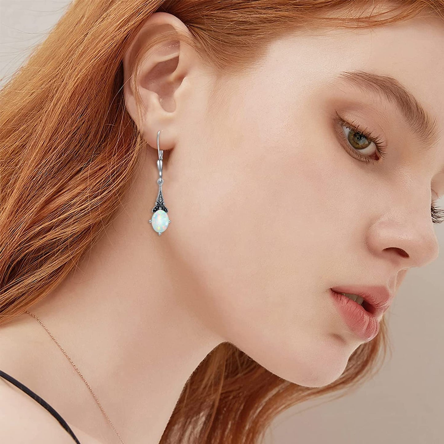 Opal Earrings for Women Sterling Silver Vintage Retro Leverback Earrings with Oval Simulated White Opal, June Birthstone Earrings Gifts for Women