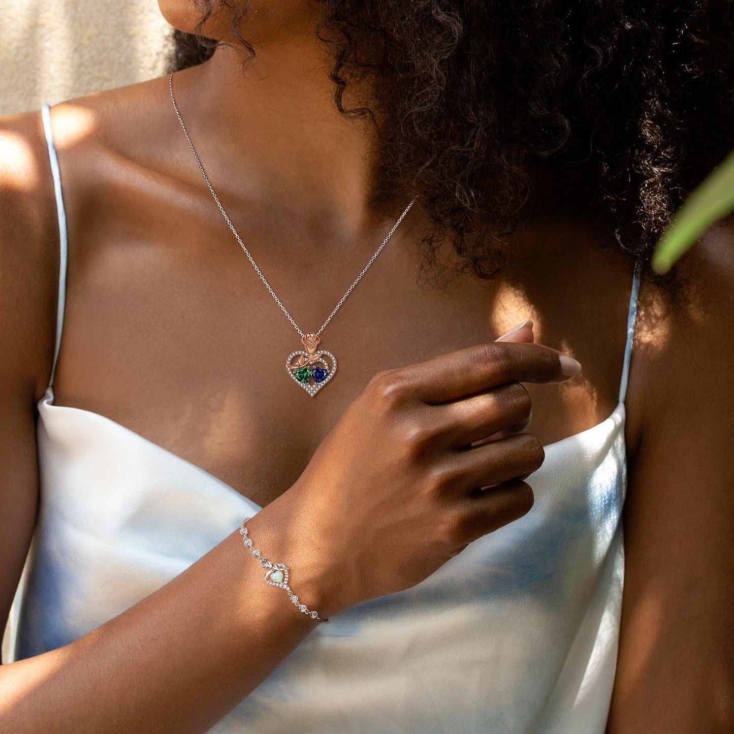 AGVANA June July Birthstone Jewelry Alexandrite Ruby Necklace Sterling Silver Rose Flower Heart Double Birthstone Pendant Necklace Anniversary Birthday Gifts for Women Mom Wife Lady Her