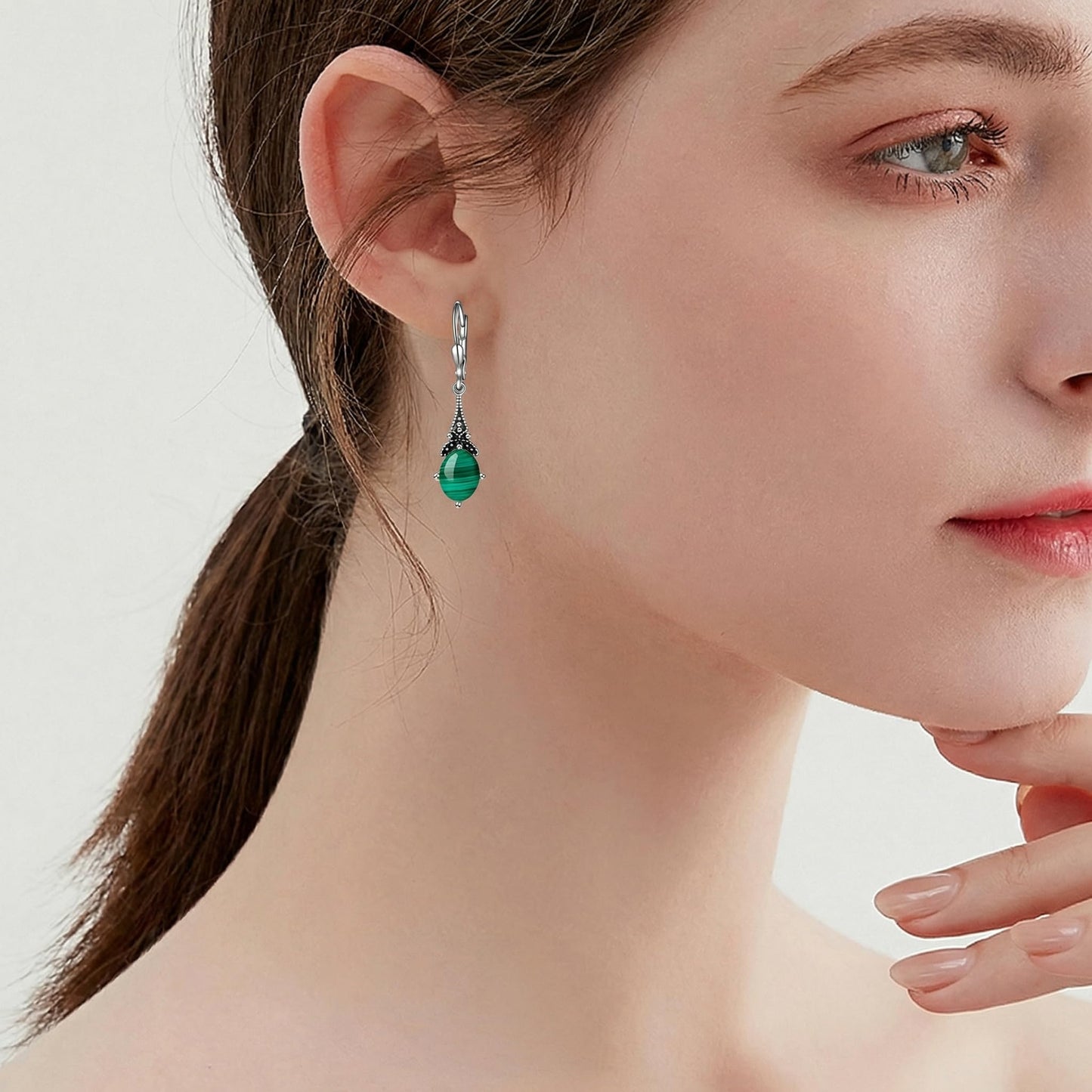 Natural Green Malachite Earrings 925 Sterling Silver Vintage Retro Leverback Dangle Drop Earrings Birthday Jewelry Gifts for Women