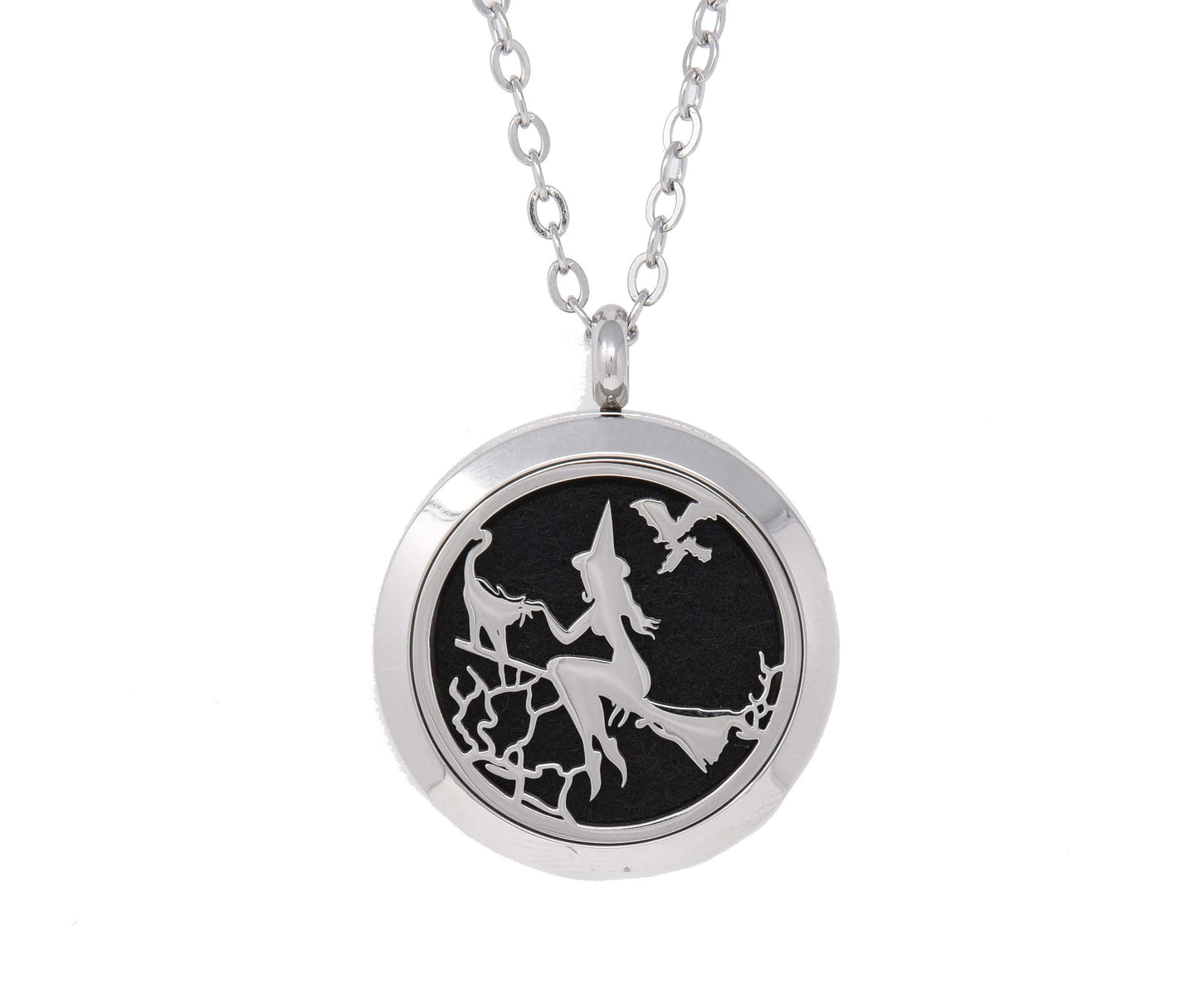Aromatherapy Essential Oil Diffuser Stainless Steel 30MM Silver Magnetic Locket Pendant 2 Sizes Chain Necklace, Refill Pads & Diffuser Bracelet in a Velvet Bag (Witch)