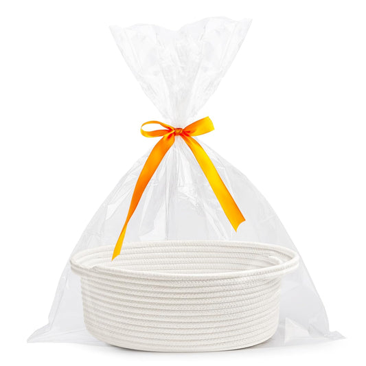 Pro Goleem Small Woven Easter Basket - Durable Gift Basket with Ribbons | 12" x 8" x 5" White Storage Basket