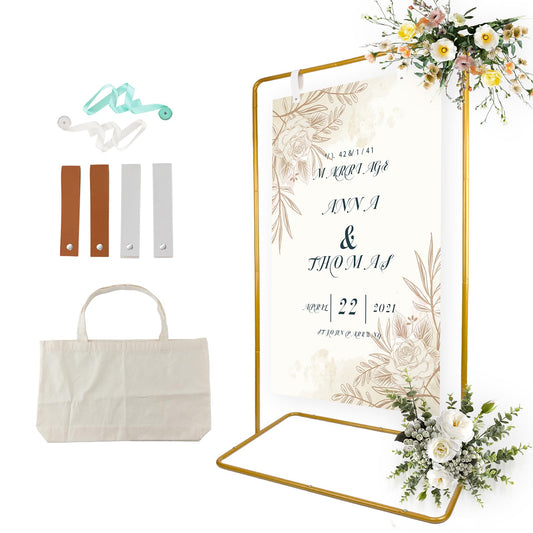TPFWTD Wedding Sign Holder, Adjustable Welcome Sign Stand w/ Leather Hanging Strap, Satin Ribbon & Carry-on Bag, Heavy Duty Easel Stand for Wedding Seating Chart, Display & Poster (Gold)