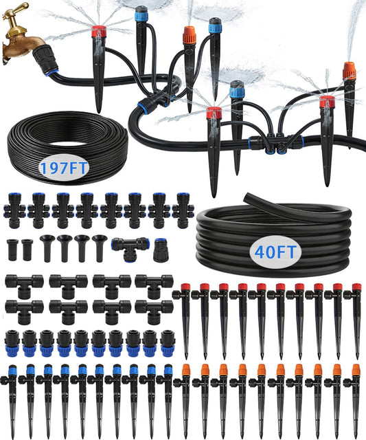 237FT All Quick-Connect Drip Irrigation System Kit with 40 Adjustable Nozzles, UV-Proof 1/2" & 1/4" PE Tubing, for Greenhouse, Lawn & Potted Plants Watering (40FT + 197FT)