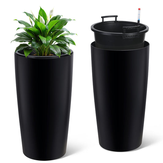 GarveeLife 30 in Tall Planters for Outdoor Plants Set of 2, Large Outdoor Planters for Front Porch Decor with Drainage Holes＆Water Level Monitor ＆Inner Bucket, Automatic Watering, Black