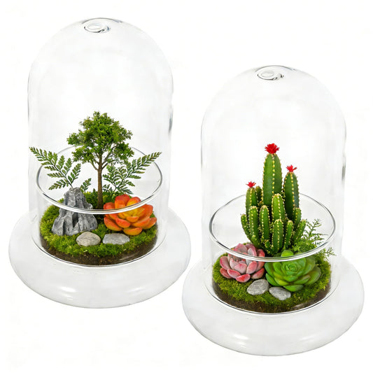 2pcs Cloche Glass Dome with Air Hole and Base, Clear Glass Terrarium Plants Bell Jar Humidity Dome for Smallplants, Home Indoor Tabletop Decoration (No Plants)