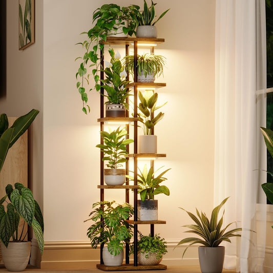 Bamworld Plant Stand with Grow Light for Indoor Plants Corner 7 Tier Metal Plant Shelf Wood Flower Stand for Home Living Room Decor Patio Decor