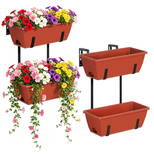 Railing Planter Box 4 Pack Window Boxes Planters 16.9 Inch Rectangular Planter with Adjustable Brackets 2 Tier Outdoor Balcony Hanging Planters Set of 2 for Railings Garden Porch Patio, Brick Red