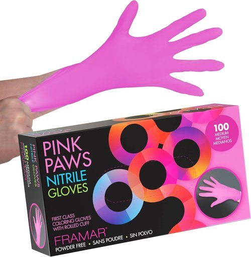 FRAMAR Pink Nitrile Gloves - Disposable, Latex-Free, Medium Size for Hair Dye & Salon Use | 100 Pack