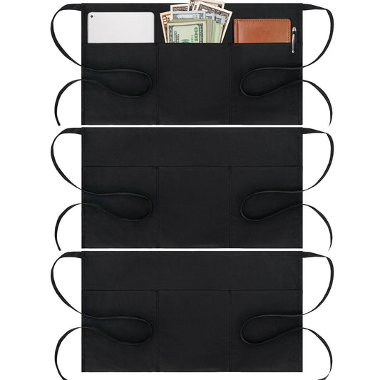 BOHARERS Cotton Server Aprons 3 Pack Waiter Waitress Apron Short Apron with Pockets Restaurant BBQ 12 Inch Black