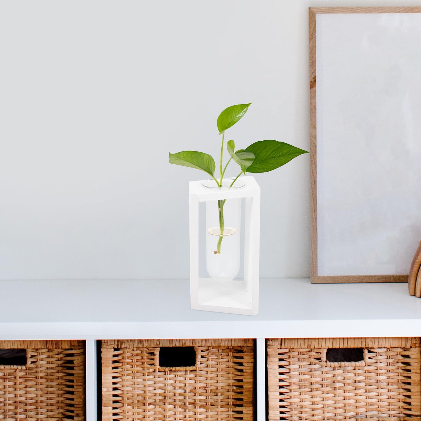 GALPADA Wooden Frame Test Tube Glass Vase for Small Terrarium Plants, Hydroponic Propagation Station with White Holder, Glass Desk Planter for Indoor Plant Cuttings and Home Décor
