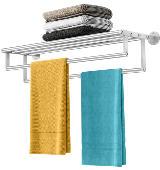 XEENEW Double Towel Racks for Bathroom Towel Rack with Shelf, 24 Inch Double Towel Bars, Wall Mount Towel Holder for Bathroom Lavatory, Stainless Steel Towel Rod(Brushed Nickel)
