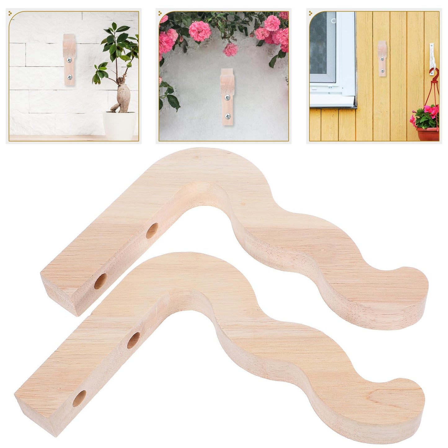 GANAZONO 2pcs Wall-Mounted Planter Hooks for Indoor Outdoor Hanging Flower Pot Brackets, Natural Wood Plant Hangers for Lanterns Wind Chimes Garden Patio Decor