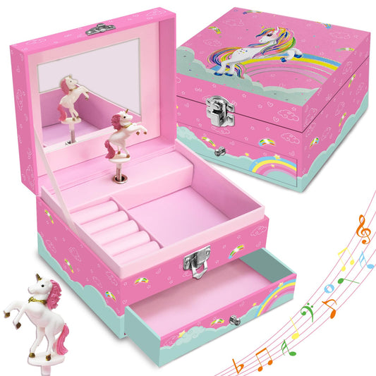 JOEKIKIMD Magical Unicorn Jewelry Box for Girls - Spinning Unicorn with Jewelry Drawer - Kids Music Box 6-12 Birthday Easter Christmas Gift, 5.9 x 5.1 x 3.5 Inches