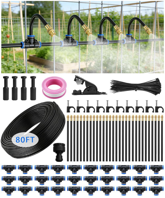 80FT Easy-Snap Garden Irrigation System for Raised Beds & Greenhouses, Upgraded 8mm (5/16") High-Flow PE Tubing with 30 Bendable 360° Copper Nozzles, Quick-Connect Plant Watering Kit (Not 1/4" Tube)
