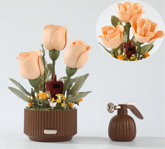 Yushinv Electric Flower Bouquet Building Set with Remote Control Spray-Bottle, 255 PCS,Original Music (Type :Symphony) Motorized Roses Flowers STEM Construction Kit, Automatic Blooming Bouquet