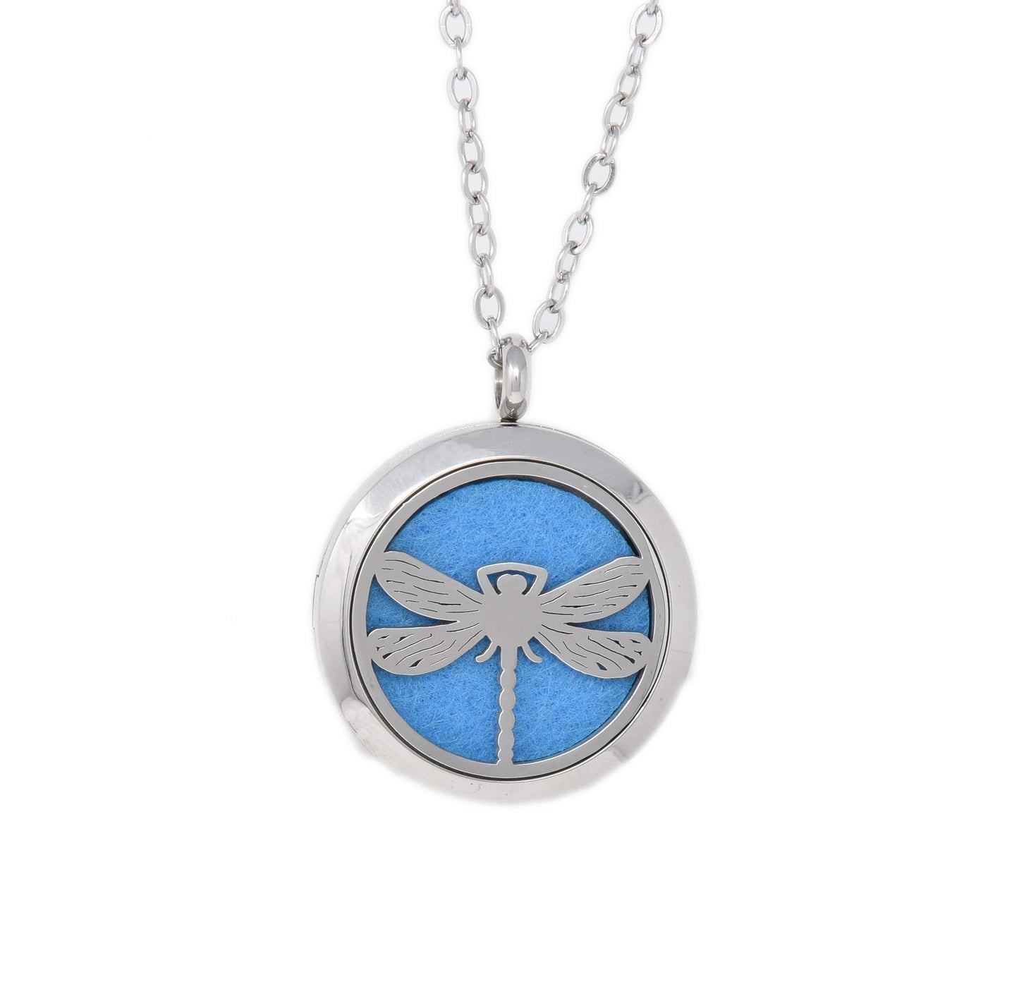 Aromatherapy Essential Oil Diffuser Stainless Steel Silver 30 MM Magnetic Locket Pendant 2 Sizes Chain Necklace, Refill Pads & Diffuser Bracelet in a Velvet Bag (Dragonfly)
