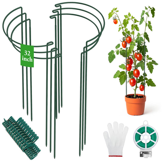 Unves 6 Pack Peony Cage, 32" H x 13" W Half Round Ring Metal Plant Support Stakes, Heavy Duty Peony Cages and Supports for Indoor Outdoor Plants, Vegetables and Flowers with Clips, Ties and Gloves