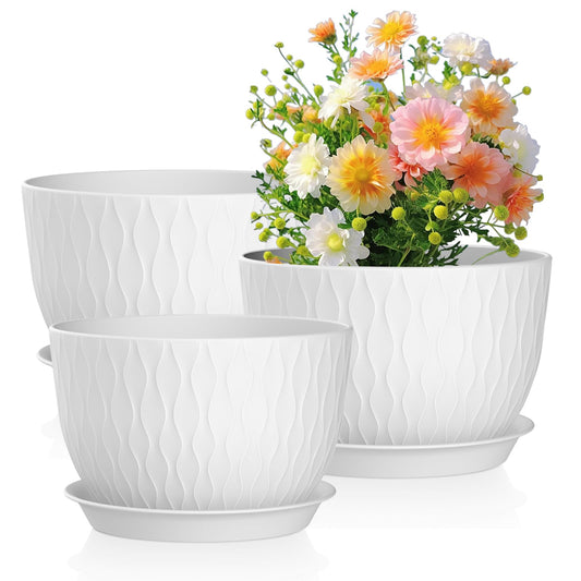 Meowell 12/10/9 inch Large Plant Pots, 3 Pack Wide Flower Pots for Outdoor Indoor Plants with Water Ripples, Big Plastic Planters with Drainage Holes and Saucers for Garden House Plants, White