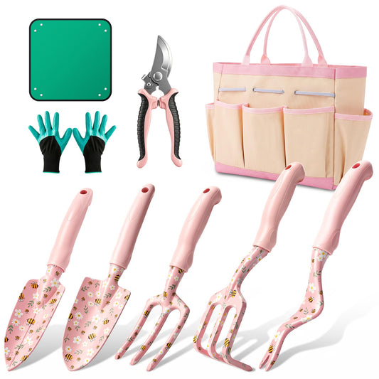 Garden Tool Set Gardening Tools - Heavy Duty Aluminum Tool Kit with Non-Slip Handle, Gardening Gloves and Tool Bag for Weeding, Planting and Pruning, Gifts for Women Mom (Pink Set)
