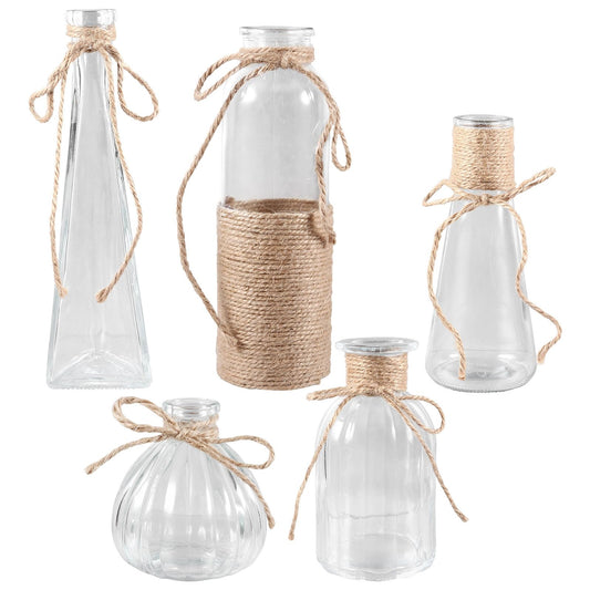 Cabilock 5pcs Glass Vases Set with Rope Design, Plant Terrarium Flower Arrangement Containers for Home Décor, Desktop Adornment, Includes Cone, Pumpkin, European Triangle Shapes