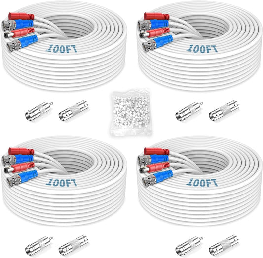 2-in-1 4-Pack 100FT Video Power Cable White Extension Wire with BNC Connectors and RCA Adapter for Outdoor Security