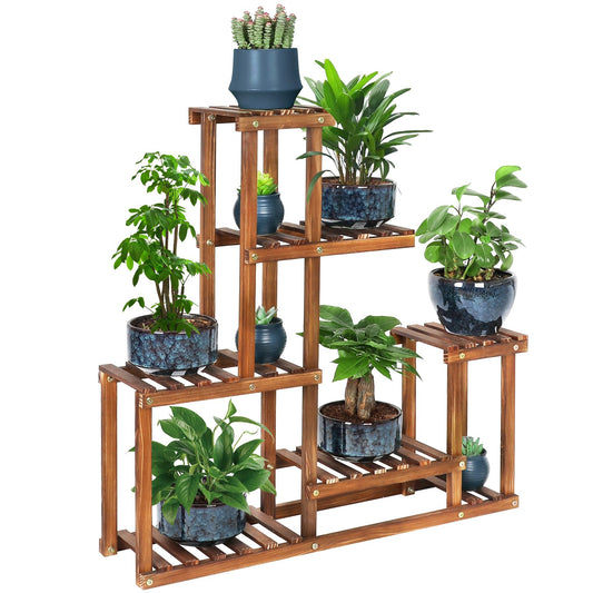 COOGOU Wood Plant Stand Indoor Outdoor Multi Tiered Corner Plant Shelf Holder High Low Flower Rack Stand for Indoor Multiple Plants 9 Potted Organize Shelves in Living Room Garden Balcony Patio Yard