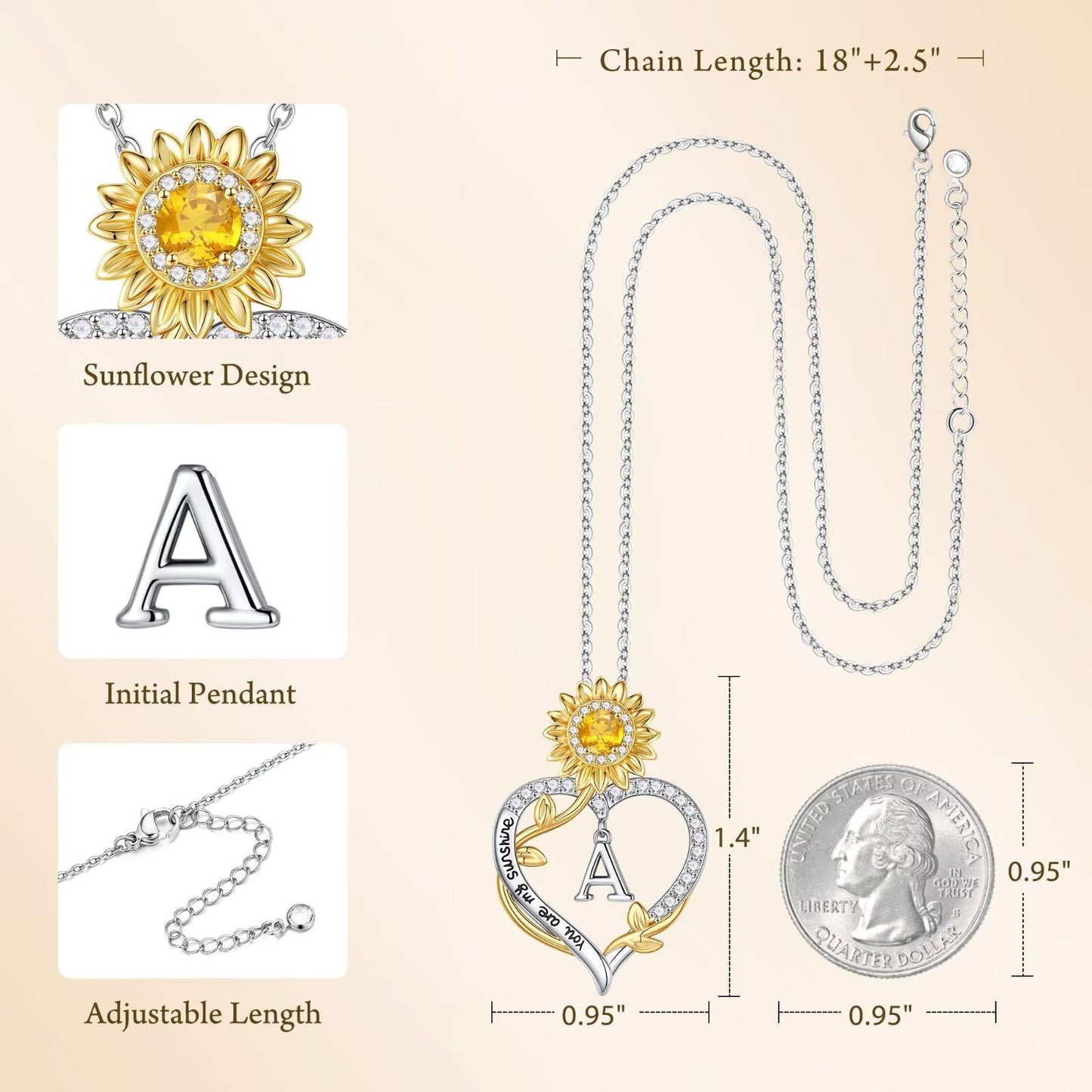 MONOOC Sunflower Gifts for Women - 14K-White-Gold-Plated Sunflower Initial Necklaces for Woman Heart Initial Letter V Necklace, Anniversary Birthday Gifts for Women Jewelry Wife Mom Gift