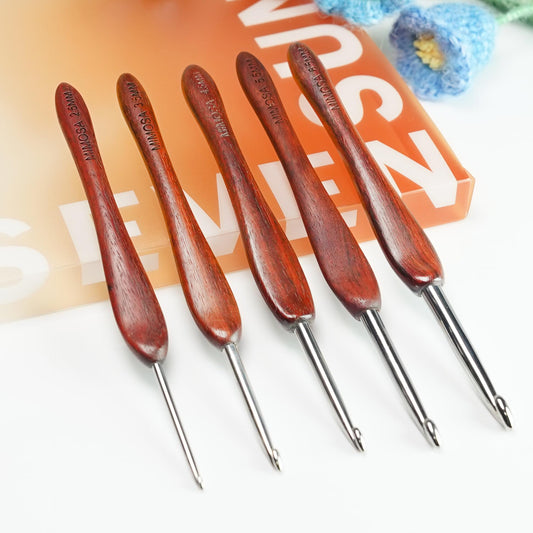 SEVENSUN Mimosa Crochet Hooks Set 5 Pack of 2.5mm 3.5mm 4.5mm 5.5mm 6.5mm Crochet Hook, Hand Polished Ergonomic Crochet Hooks, Stainless Steel Crochet Hook, Wood Handle