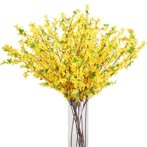MHMJON 10PCS 34.65'' Artificial Forsythia Branches Yellow Flowers Fake Forsythia Blossom Long Stems Fake Winter Jasmine Cemetery Flowers for Home Table Wedding Graveyard Indoor Outdoor Decor