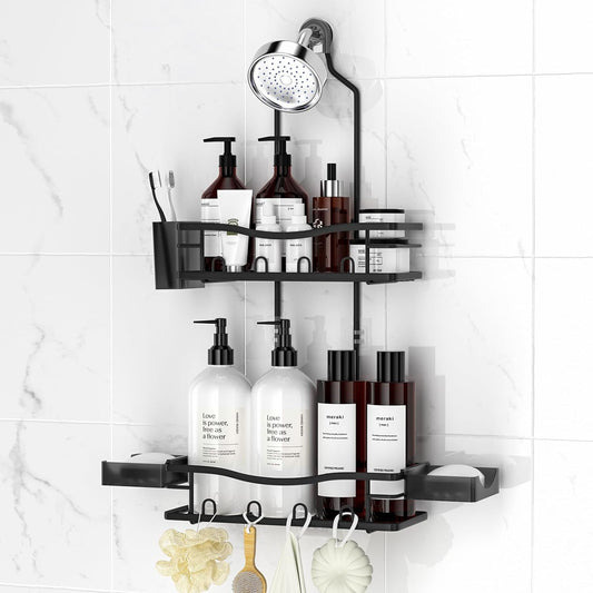 Reinhardt Rustproof Shower Caddy - Anti-Swing Organizer with Soap Holder & Hooks | Black