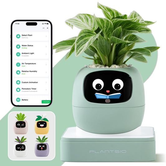 Smart Plant Pot with Visual Display – Soil Moisture, Water Level, Light & Battery Monitor, 80ml Self-Watering Reservoir, Supports 100+ Plants, Pomodoro Timer, Clock & Calendar-Green