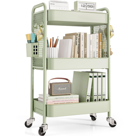 TOOLF 3 Tier Rolling Cart Storage Organizer, Metal Rolling Utility Cart with Wheels, Hooks & Bins Esthetician Craft Art Sturdy Storage with Pegboard for Bathroom, Kitchen, Office, Nursery Diaper