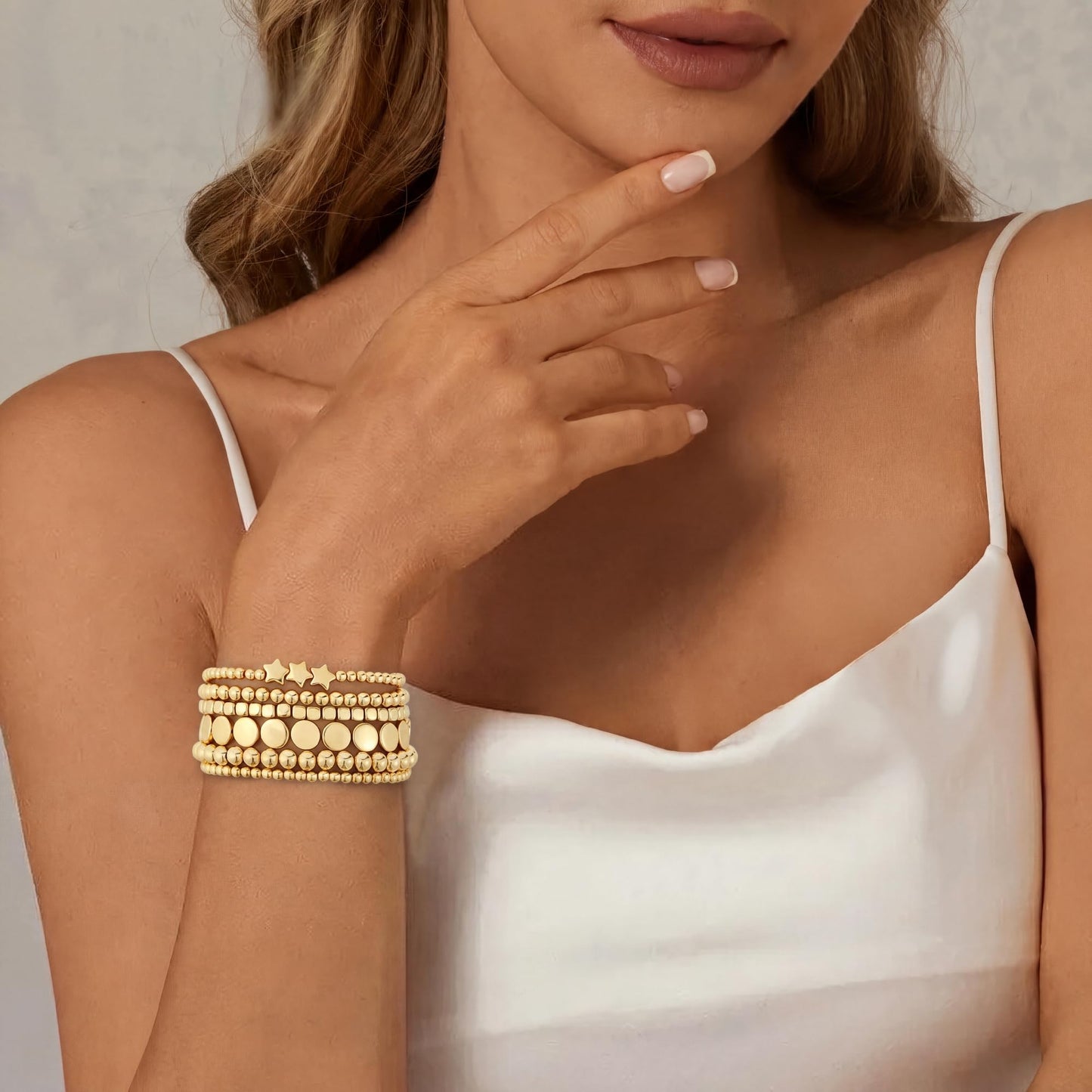 Sajidos Gold Plated Beaded Bracelets for Women Trendy, 14K Gold Plated Stack Cross Pearl Gold Plated Bead Stretch Bracelets Set Elastic Hypoallergenic Bracelets Jewelry Gifts (style12-3 6pcs)