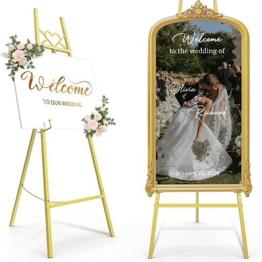 56" Gold Easel Stand for Sign, Heavy Duty Display Easel with Adjustable Chain, Heart-Shaped Envelope Design Art Easel for Paintings, Wedding Sign, Posters, Mirrors, Artwork