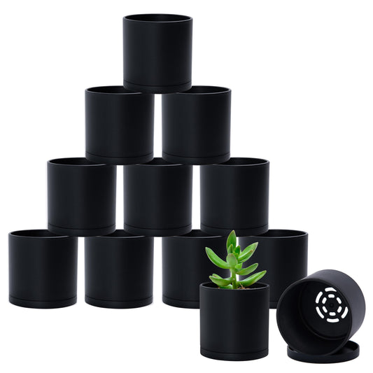D'vine Dev 12 Pack 3.5 Inch Mini Plastic Plant Pots, Small Garden Planters for Plant with Drainage Holes and Saucers, Black Color, 74-Y-D-4