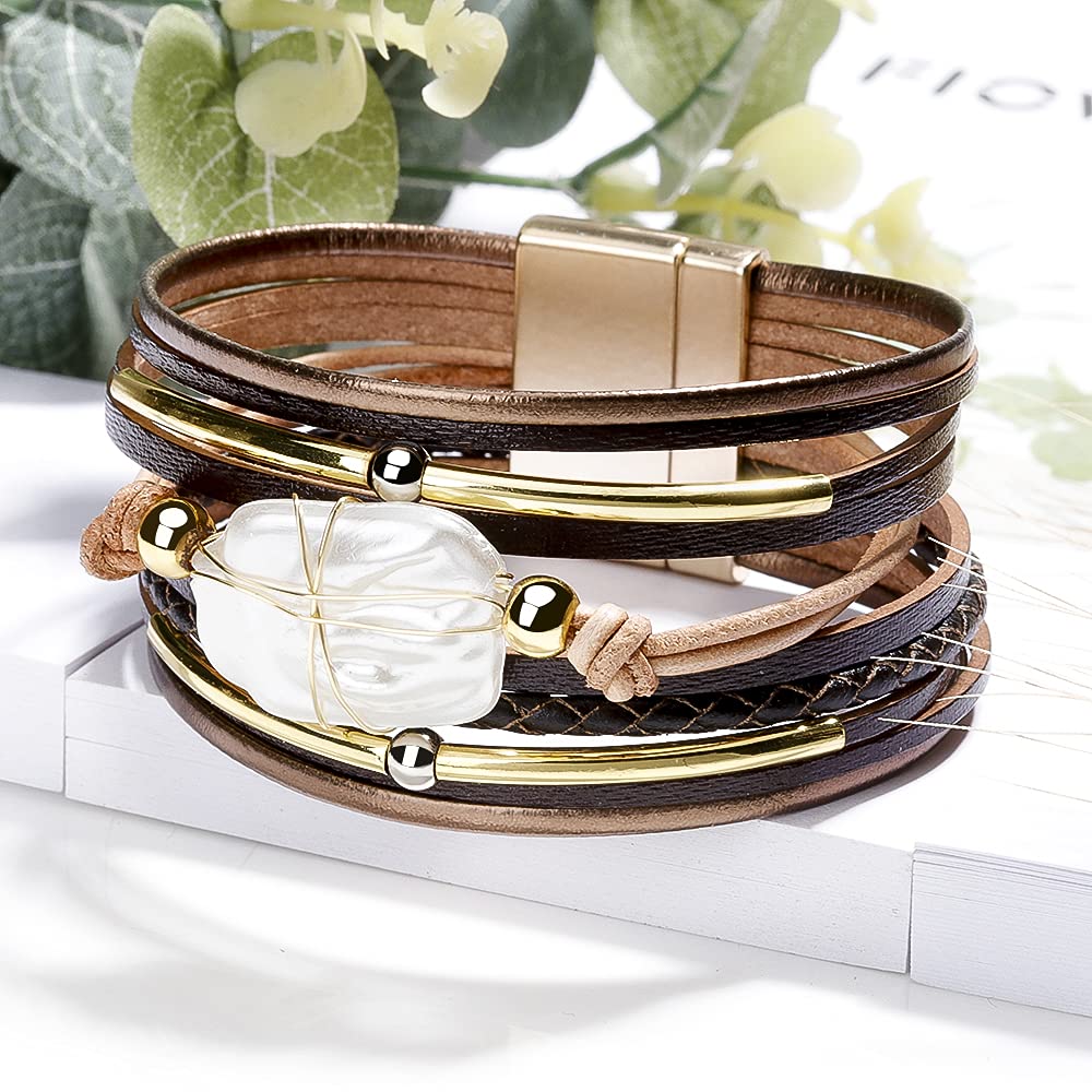 Fesciory Leopard Bracelet for Women, Boho Leather Wrap Multi-Layer Pearl Crystal Bracelet Bangle Jewelry(Brown Leather(Pearl))