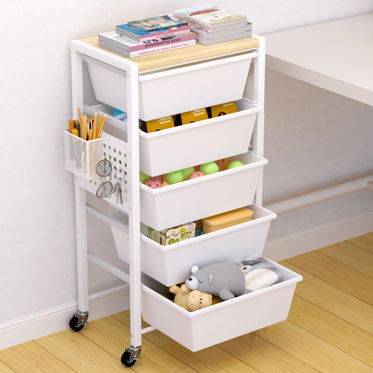 Rolling Cart with Drawers, Rolling Storage Cart with 5 Large Plastic Drawers & Wooden Tabletop, Utility Cart with Pegboards & Basket, Storage Drawers Cart for Living Room, Classroom, Bedroom, Office