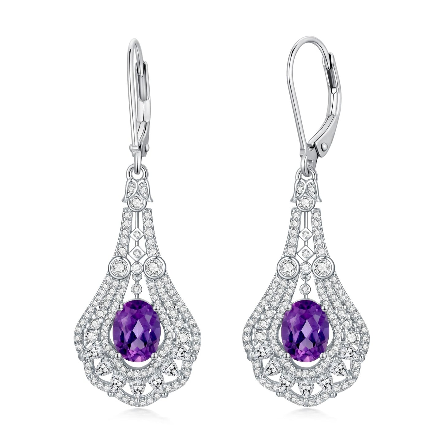 Lvoryance 1.5CT Genuine Amethyst Earrings 925 Sterling Silver 6mm * 8mm Oval Cut Purple Amethyst Drop Earrings for Women