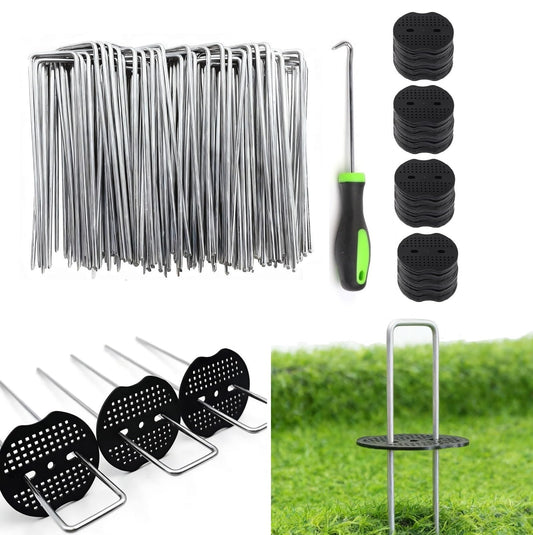 6 Inch 200 PCS Galvanized Landscape Staples with 200 PCS Gasket, Landscape Fabric Pins Stakes Lawn Ground Cover Graden Staples Spikes Weed Barrier Stakes