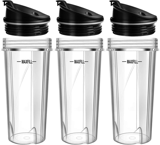 Ninja Blender Cups - 16oz Replacement 3-Pack with Lids | Compatible with QB3001SS, BL770, BL780, BL660, BL740, BL810, Nutri Ninja Series