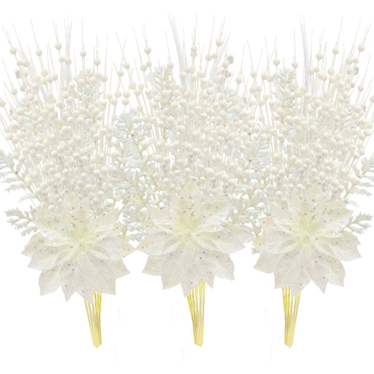 18 Pack Christmas Tree Ornaments Set, 17.5 Inch White Fake Christmas Picks Decorations with 2 Styles, Artificial Glitter Berry Stem Ornaments for Christmas Tree Wedding Small Vase Wreath Decor
