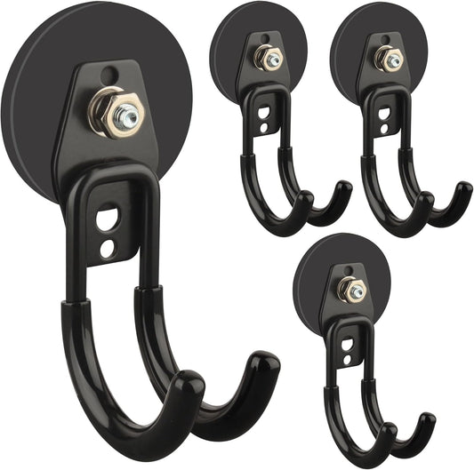 ULIBERMAGNET Heavy-Duty Magnetic Hooks - 4 Pack Black J Hooks with Anti-Slip Coating for Garden Tools & More