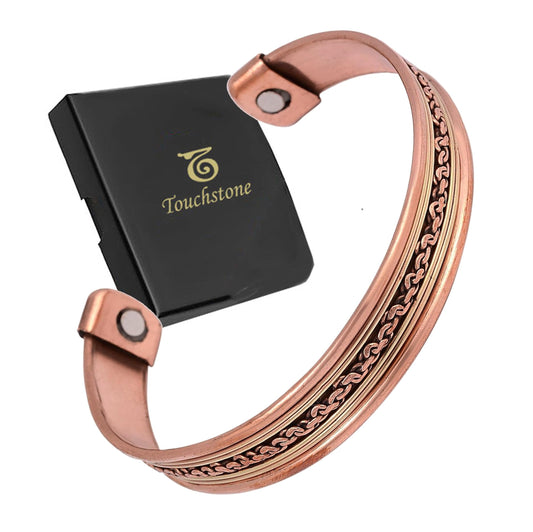 Touchstone Copper Magnetic Hand Forged With Solid And High Gauge Tibetan Style Chains Pattern Minimalistic Elegance Pure Copper Bracelet In Two Tones.