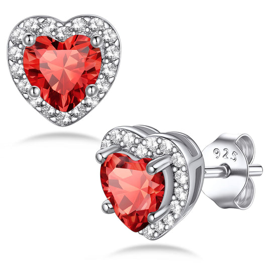 Bestyle 925 Sterling Silver Love Heart Cut Cubic Zirconia Stud Earrings, Brilliant Created July Ruby CZ Birthstone Earrings for Women