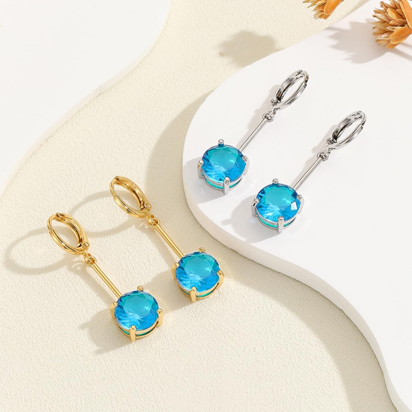VONSSY Gemstone Drop Dangle Earrings | Platinum/Gold Plated Leverback Crystal Cubic Zirconia Hanging Red/Pink/Blue Earrings (Blue-Platinum)